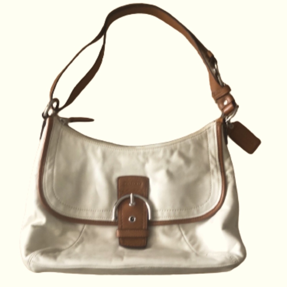 COACH HANDBAG • BEIGE LEATHER WITH BROWN LEATHER TRIM • FRONT POCKET